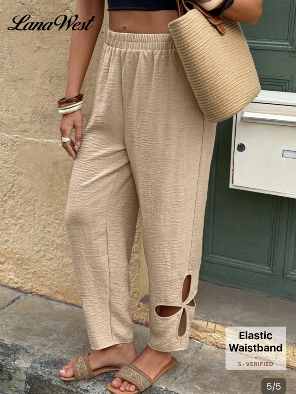 Women's Elastic-Waist Beige Pants with Side Cutout